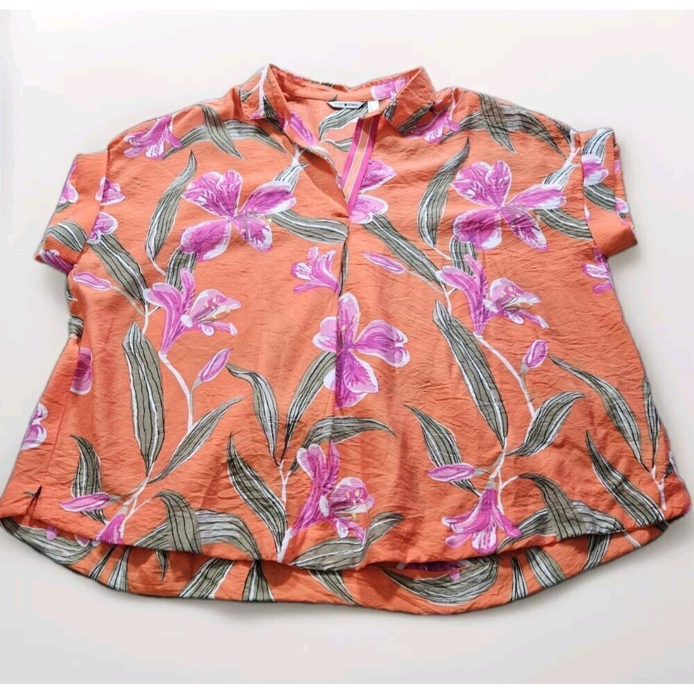 Punt Roma Top Womens L  Orange Floral Boxy V Neck Pull On SS Boho Lightweight